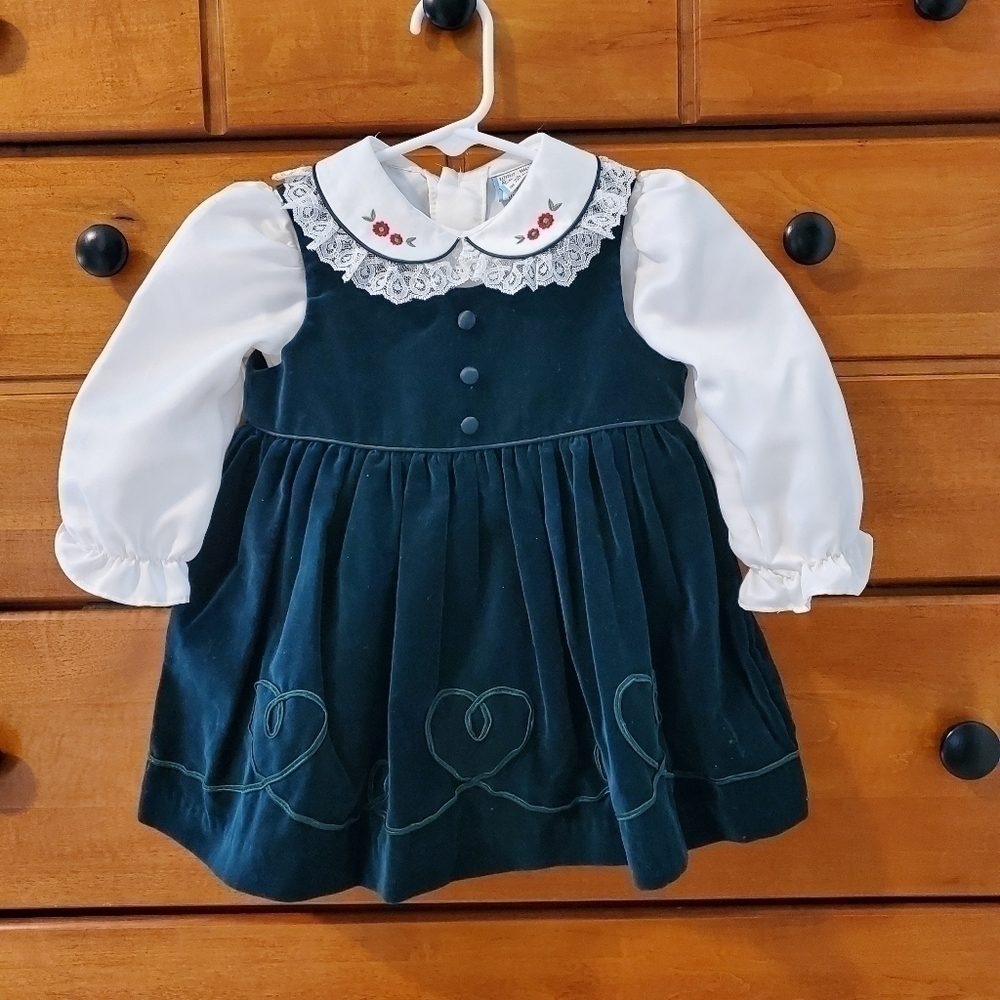Vintage green velvet jumper‎ dress with blouse 18M